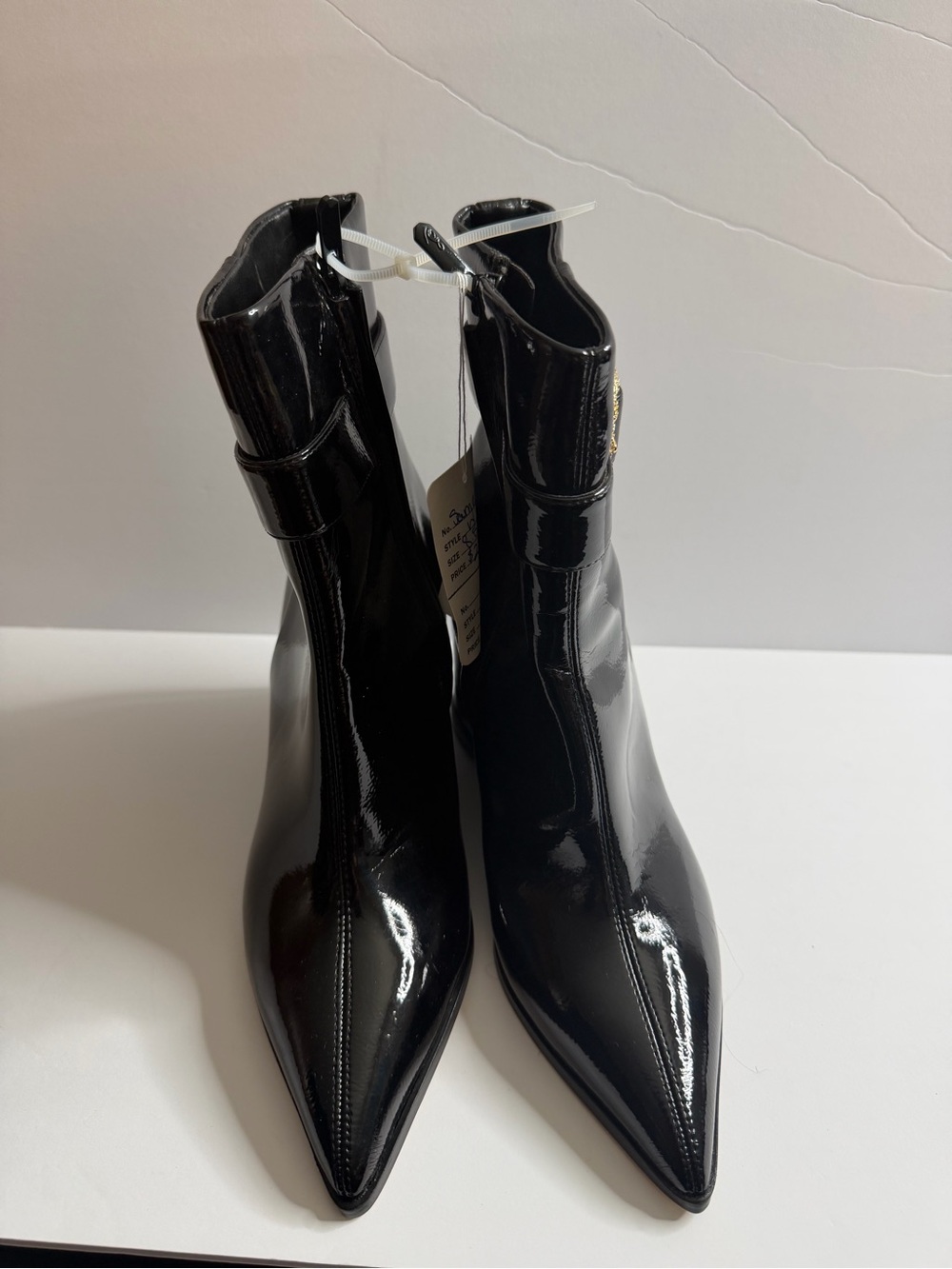 Sam Edelman Black Patent Pointed Toe Ankle Booties with Strap Detail